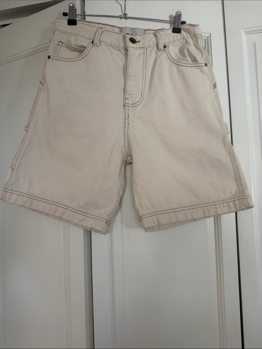 BDG Men’s Cargo Shorts in Cream with Brown  Stitching